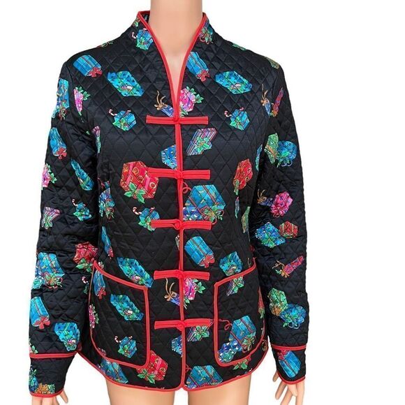 Anne Carson vintage 100% silk Christmas presents print size S toggle closure - Picture 1 of 7